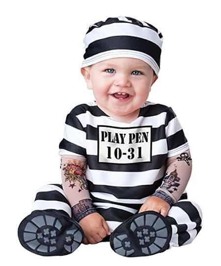 Baby's Time Out Convict Costume - Cute Halloween Costume for baby consists of Cap and jumpsuit with attached mesh tattoo sleeves, snaps for easy diaper change and skid resistant feet