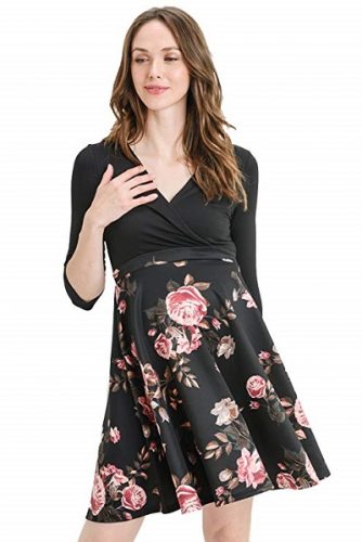 Elbow Sleeve V-Neck Flower Print Maternity Dress 