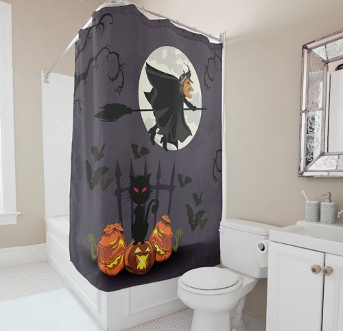 Witch on a broomstick with Pumpkins Halloween Shower Curtain