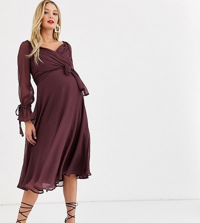 ASOS DESIGN Maternity midi dress with layered skirt and wrap waist with lace trim detail 