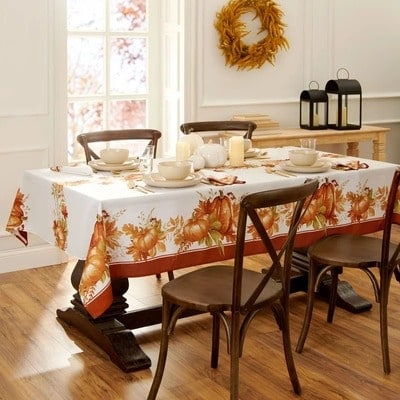 Heirloom Orange Pumpkins, Leaves, and Wheat Tablecloth