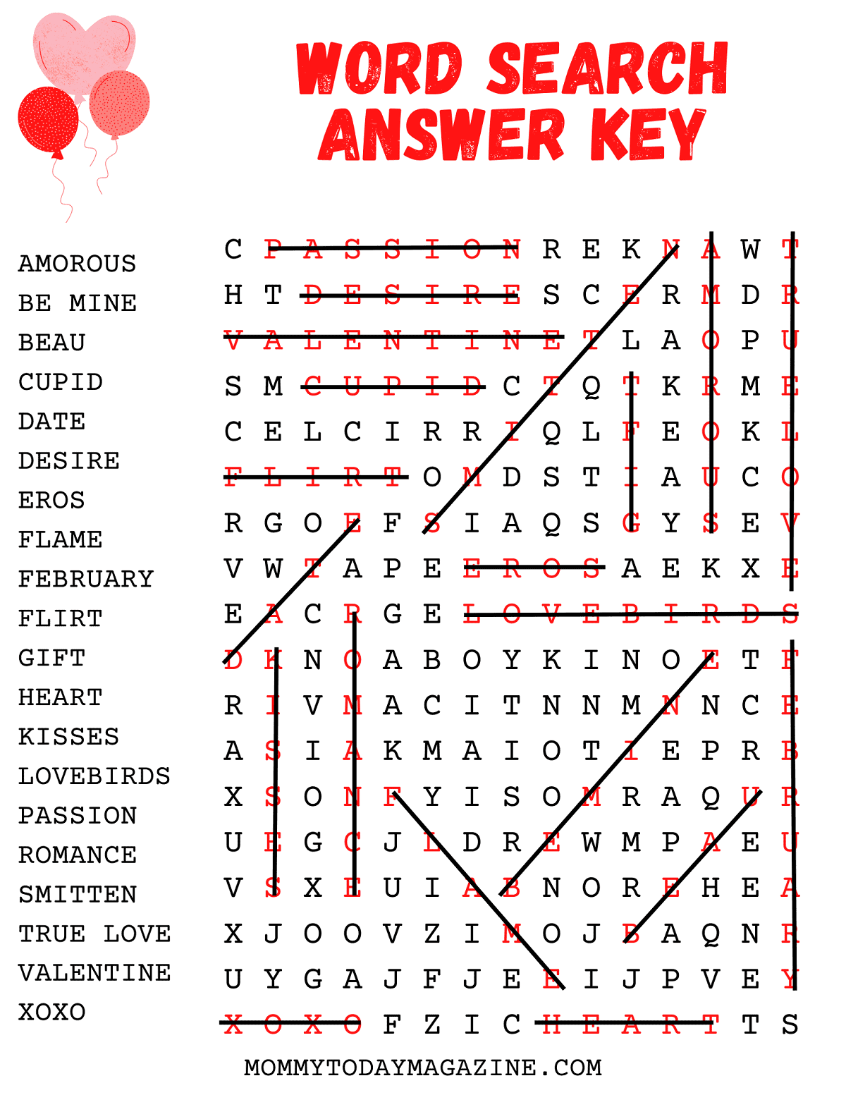 Free Printable Valentine’s Day Word Search Answer Key